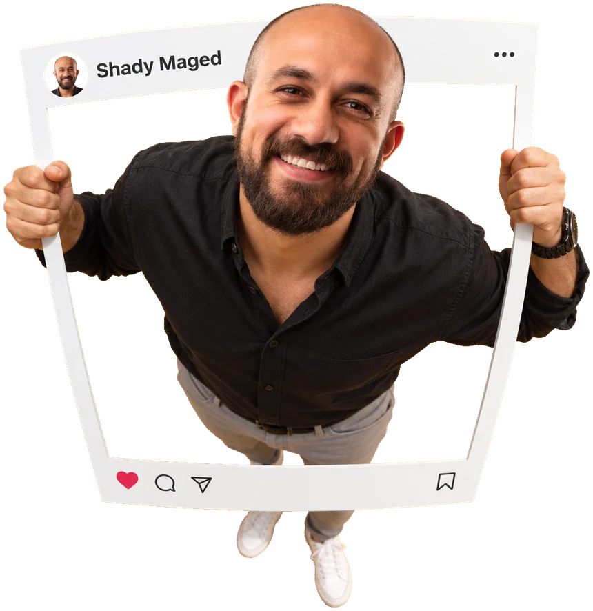 Shady Maged holding a social-post frame